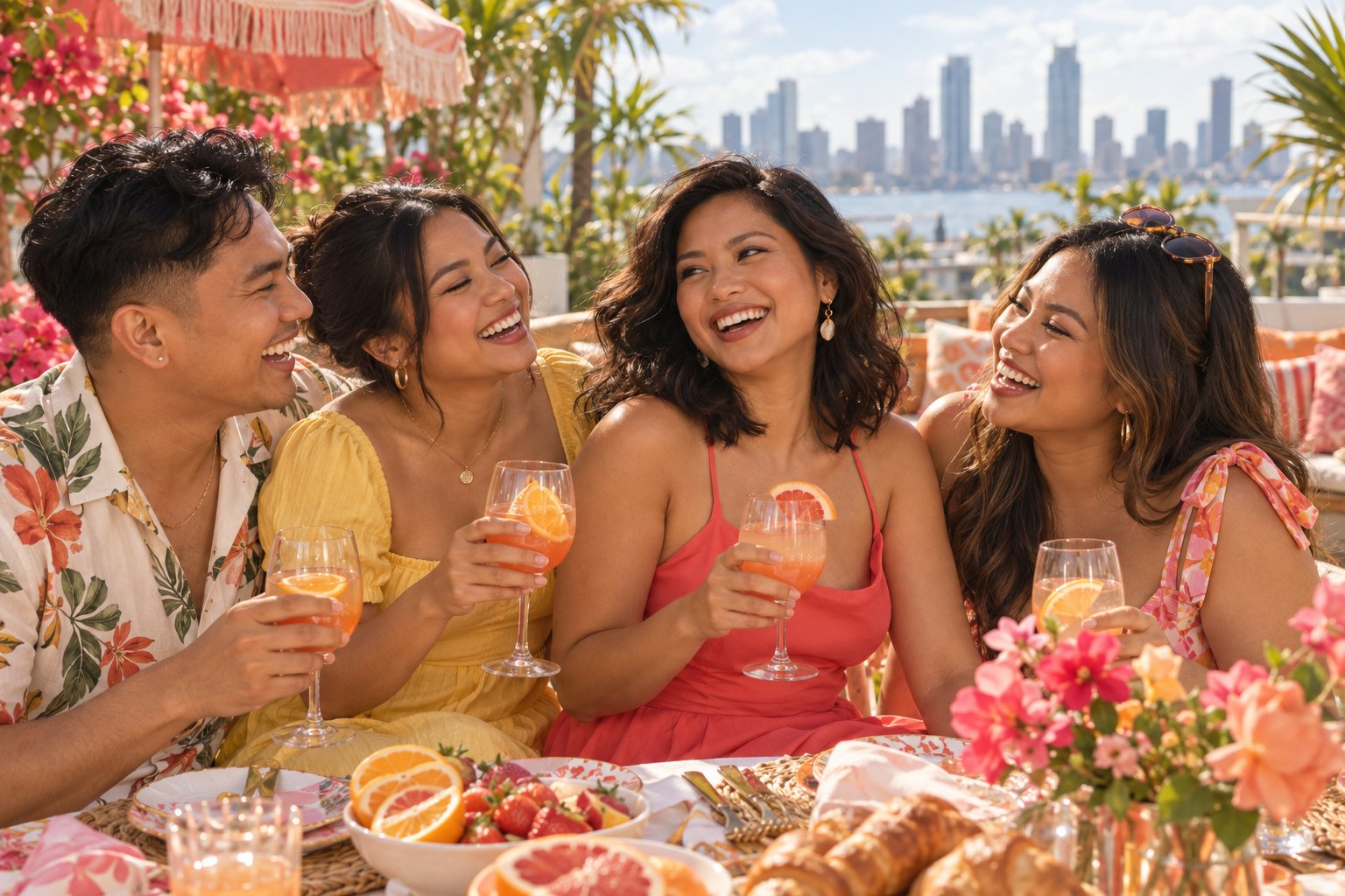 Clara laughing with her closest friends at her birthday brunch